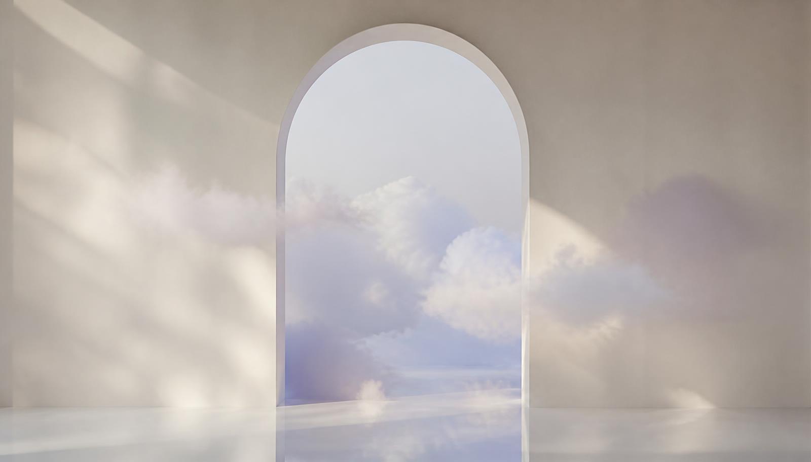 Clouds drifting through a pale archway