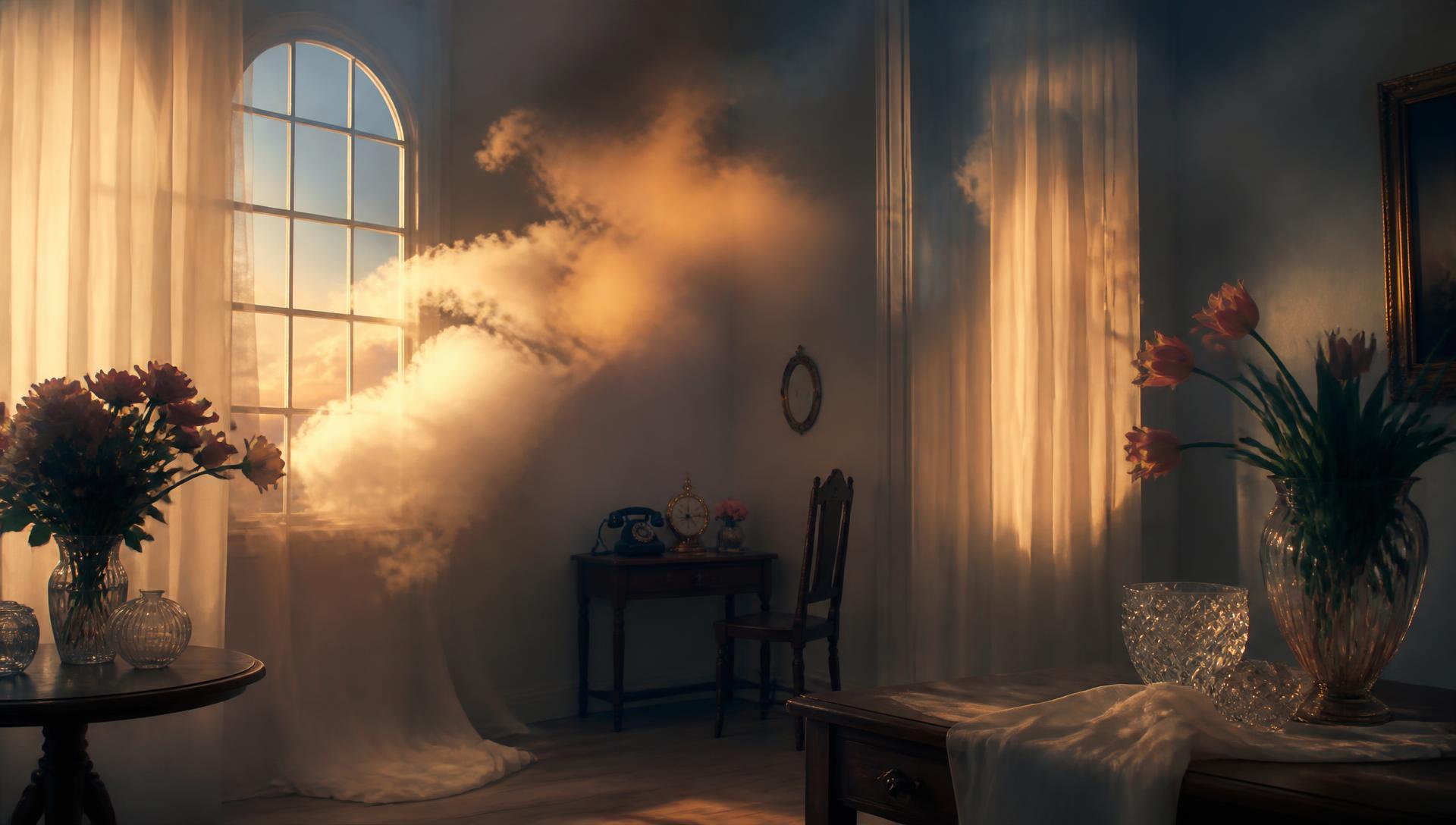A softly lit dream room at dusk with clouds drifting inside