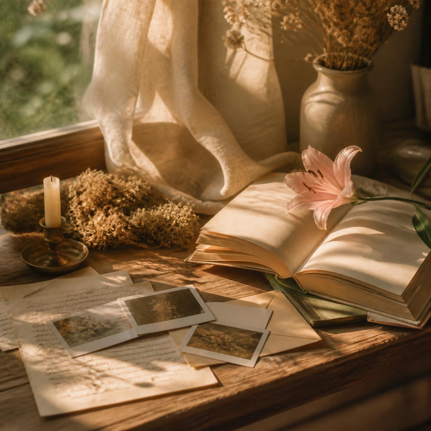 Golden hour light on a windowsill with an open book, polaroids and a lily