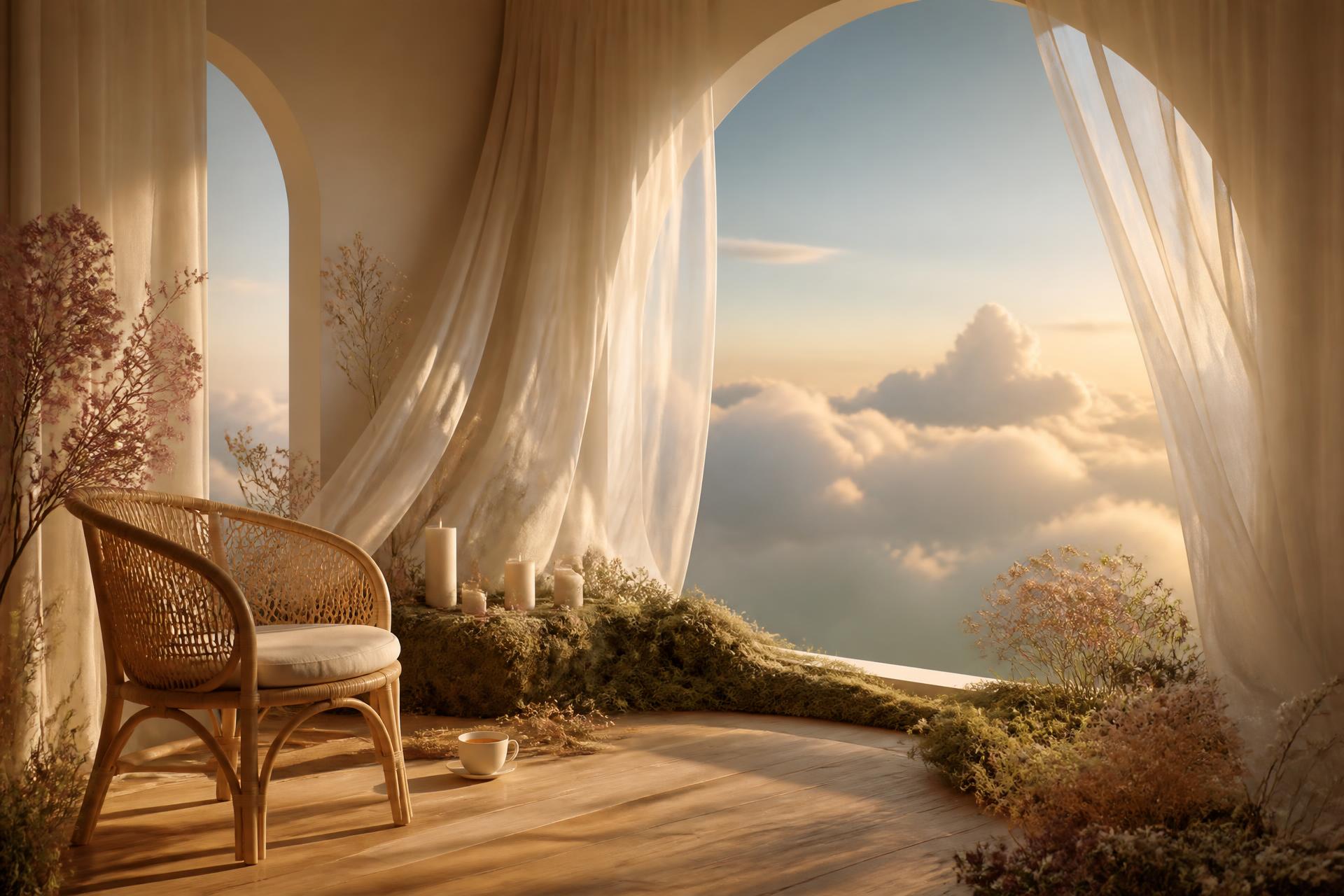 A dreamy therapy room with linen curtains and an arched window opening onto clouds